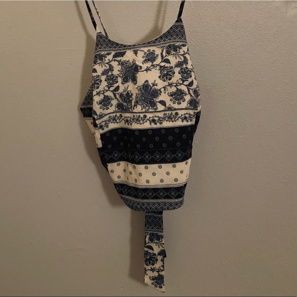 Blue and white print crop top